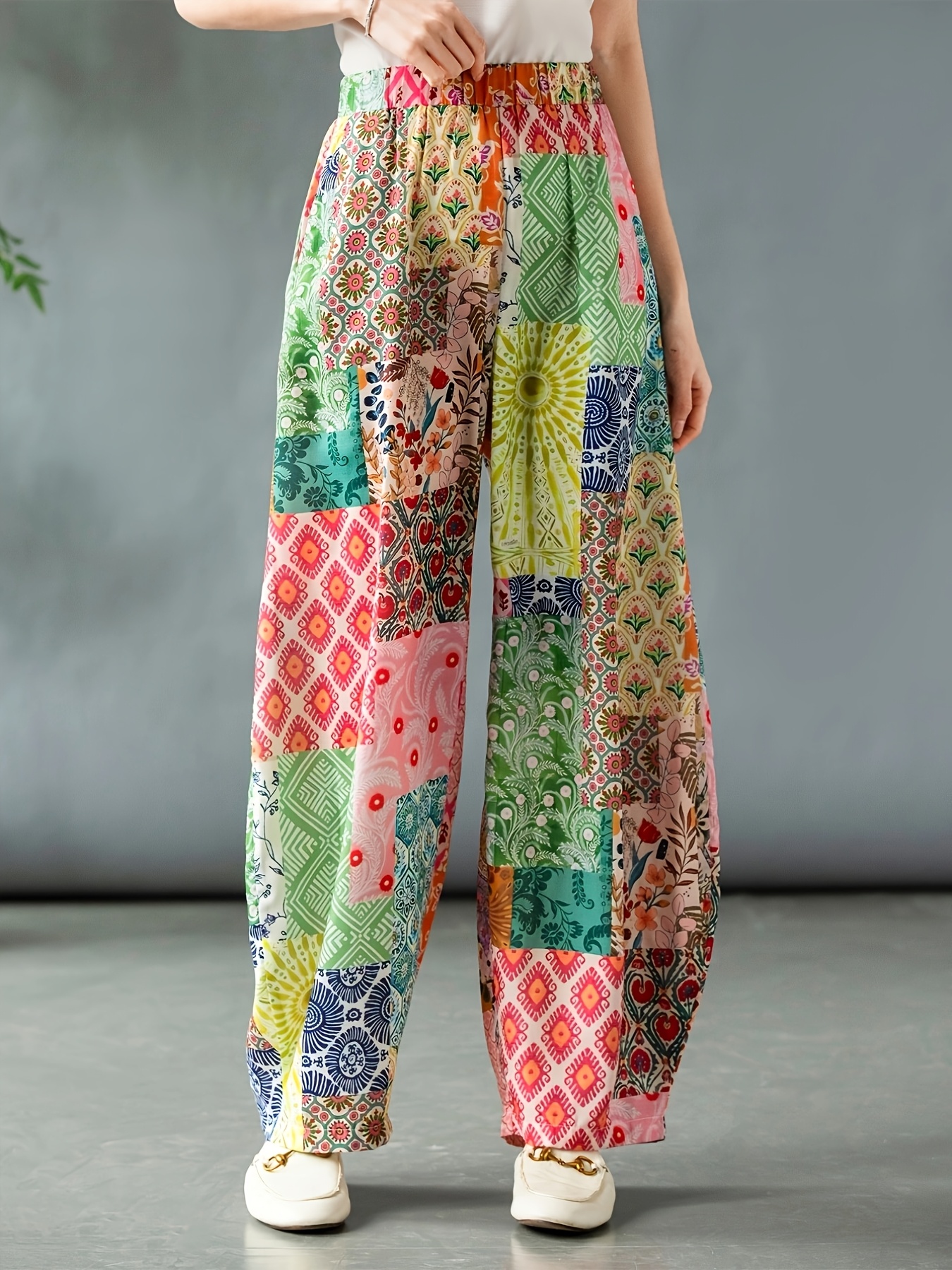 Women's Bohemian Floral Print Wide-Leg Pants Vibrant Color Elastic  Waistband, Casual Loose Fit for Spring/Summer/Fall