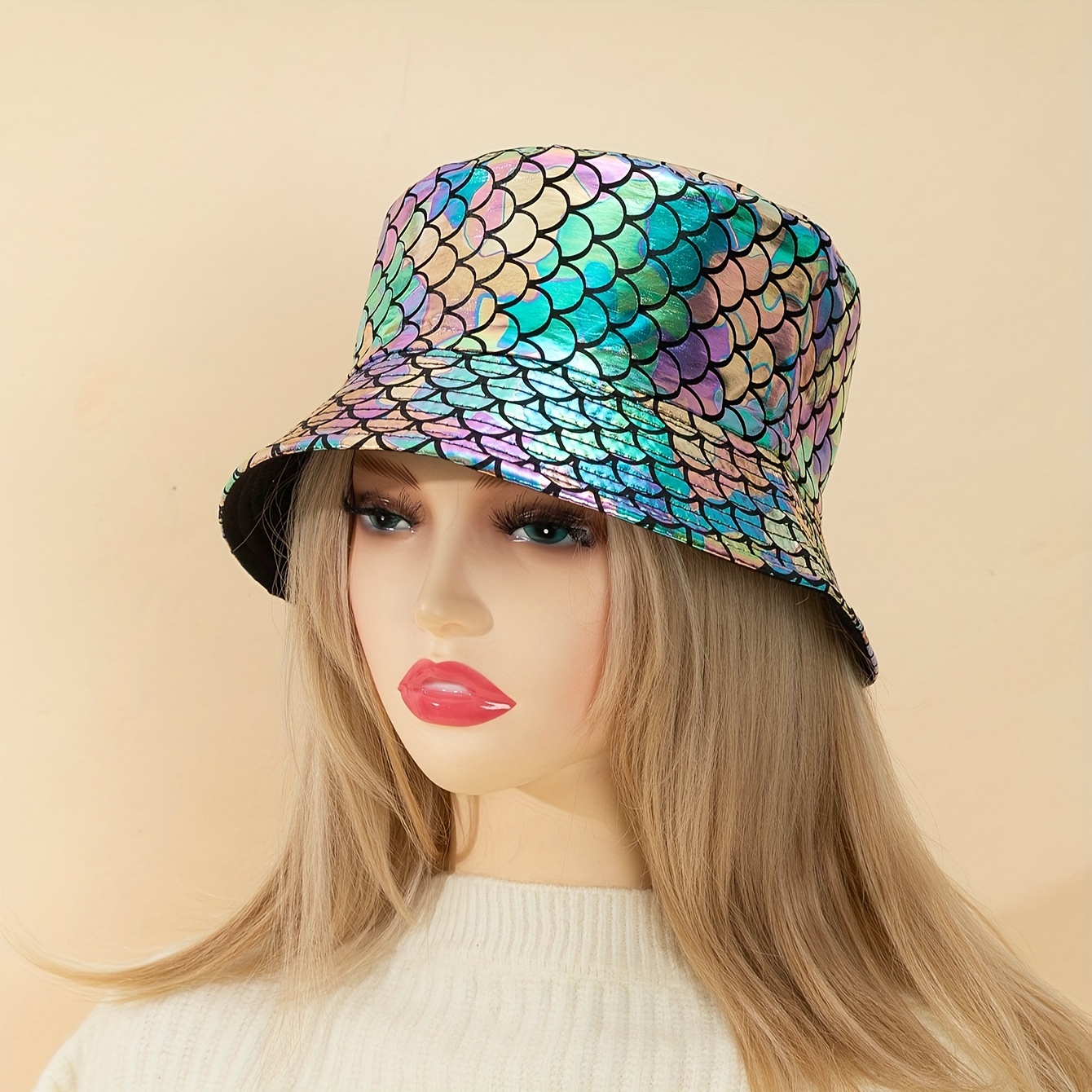 1pc Fish Scales Print Bucket Hat Trendy Metallic Fisherman Reversible Packable Sun Hats for Women,Temu