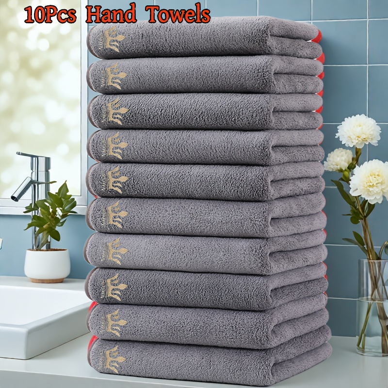 MIANDUDU 10pcs Luxury Microfiber Towel Set - Quick-Dry, Large Bath & Hand Towels (16.5"x27.5"/42x70cm) with Red Border & Golden Crown Logo