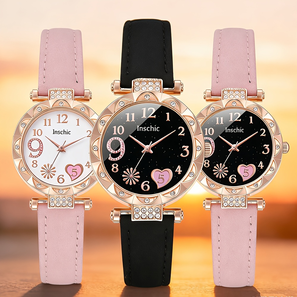 TEMU Set Of 3 Watches, Chic Women's Watch Collection, Sophisticated And Fashionable Wristwatches Featuring Faux Leather Bands, Adorable For Women And