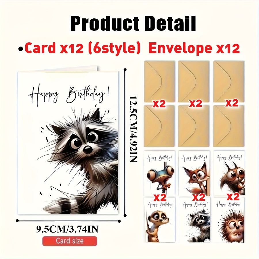Image of 12/24 Animal Birthday Card Set With Envelopes, Funny Cartoon Style, Suitable For Family, , Teachers, , , Bulk Wholesale