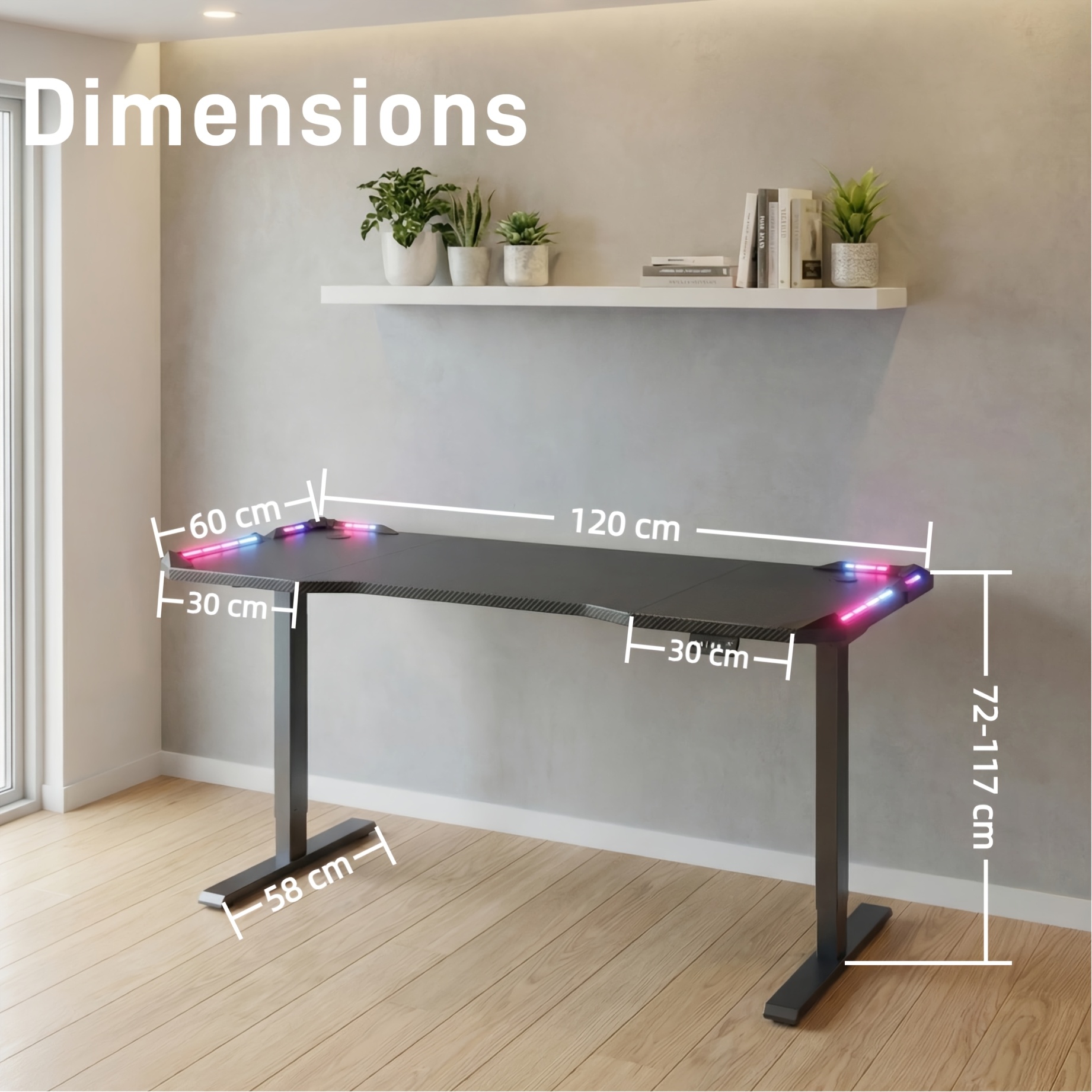Image of Electric Standing Desk With Led Lights, Ergonomic Computer Table With Up/down Buttons And Carbon Fiber Texture, Gaming Computer Desk For Home Office, High-quality Mute Motor, Black, 3 Sizes
