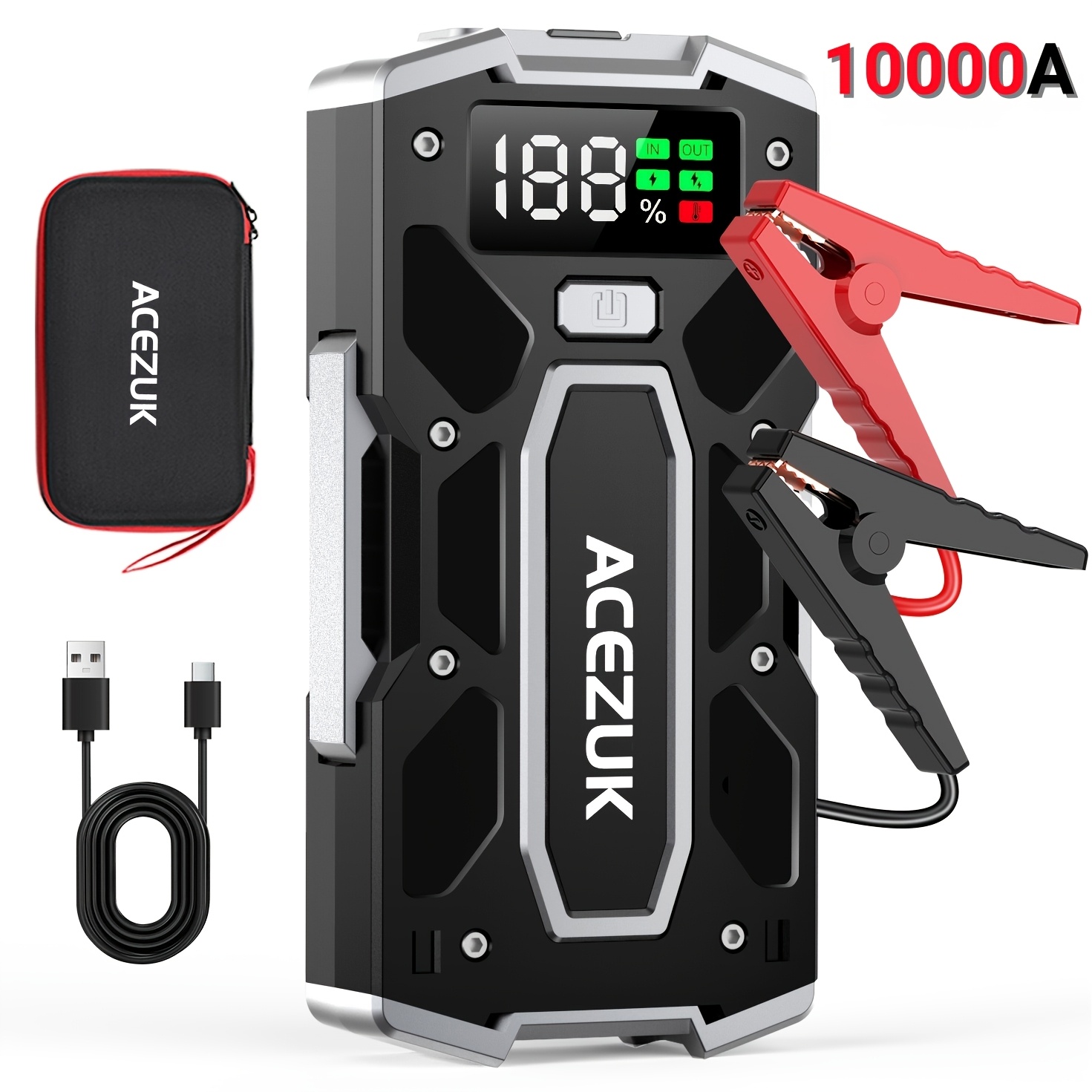 10000A Prenosni zaganjalnik avtomobila - 12V zasilni booster akumulatorja za vse bencinske/10L dizelske motorje, LED lučka in QC3.0 hitro