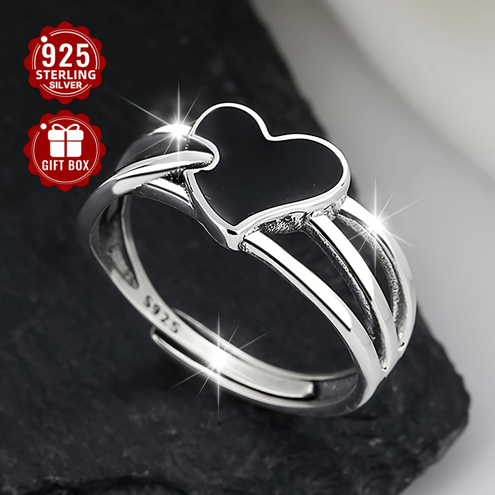 

1pc 925 Sterling Silver Black Of Love Suitable For Men And Women High Quality Adjustable Ring