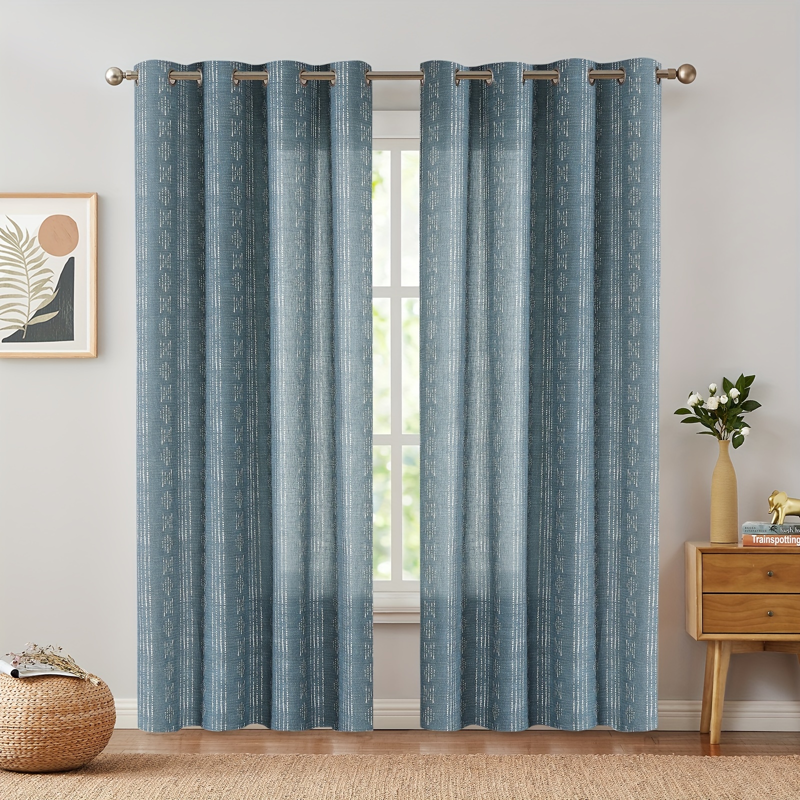 

Collact Boho Curtains Linen Curtains Blue Geometric Striped Printed Curtains 84 Inches Long For Living Room Farmhouse Rustic Patterned Drapes Light Filtering Grommet Window Treatments 2 Panels Blue