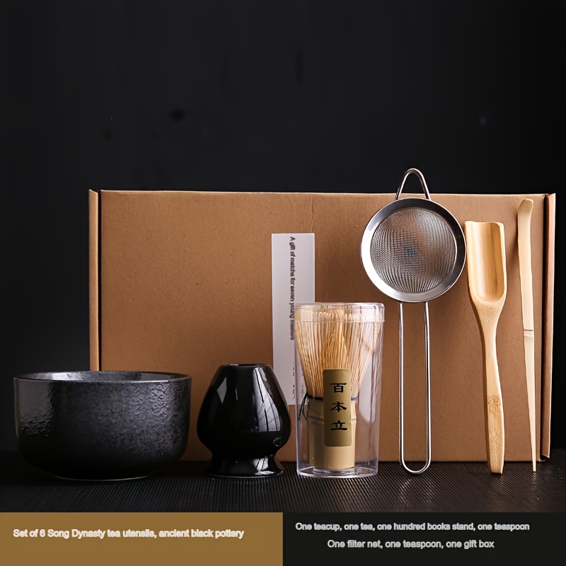 6pcs Matcha Ceremony Set Including A Bamboo Whisk, Matcha Bowl, Spoon, Strainer, And A Song -style Matcha Gift Box