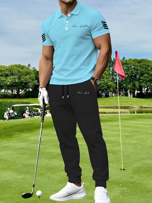 item picture summer mens solid color shirt and golf trousers suit business casual two piece set versatile
