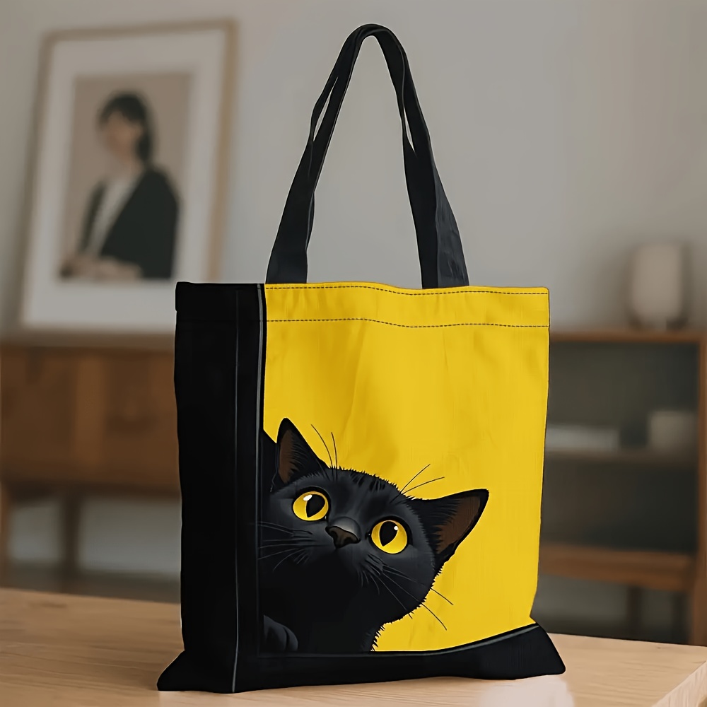 TEMU 黒猫柄 大容量 再利用可能 両面プリント ショッピングトートバッグ 折りたたみ式 ポータブル 買い物/旅行/仕事に最適