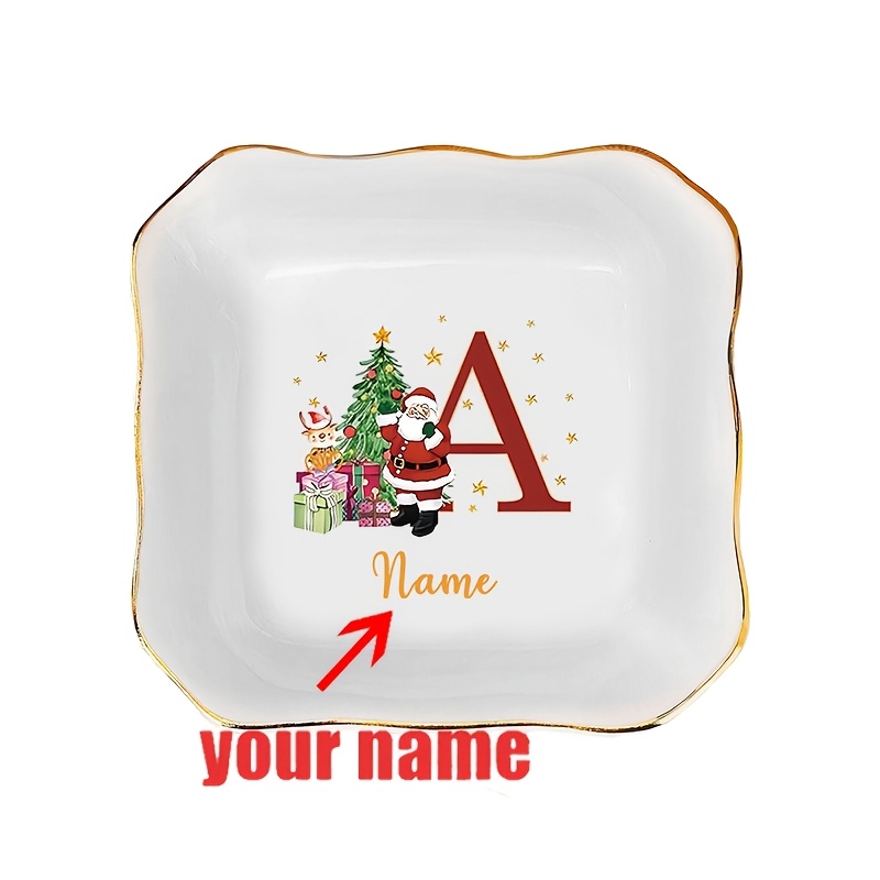 TEMU 1pc, Custom Name, , Santa Claus/christmas Tree Printed Pattern, Ceramic Jewelry Dish, Suitable For Bedroom, Desktop, Vanity, Home Decor, Small