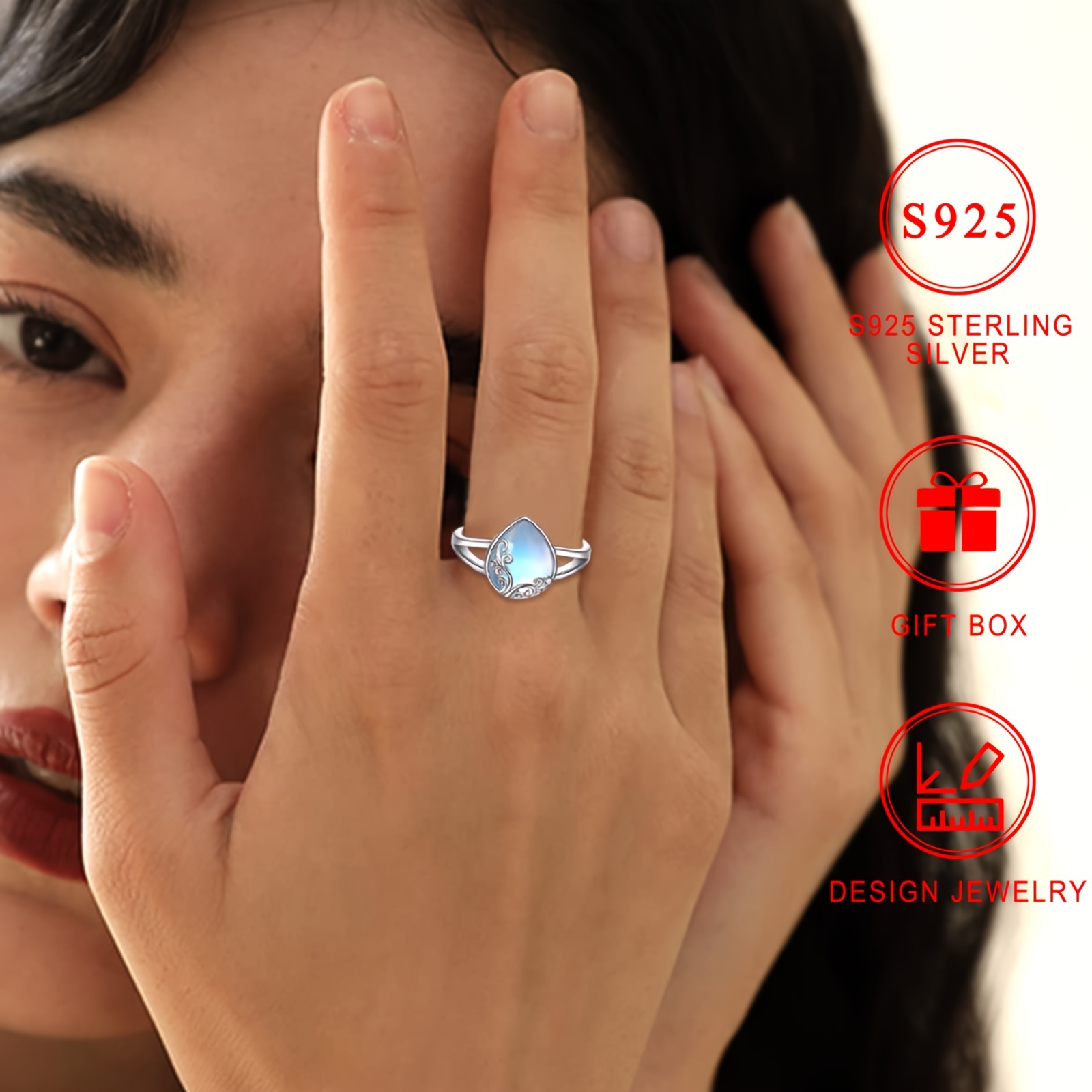 S925 Silver Rainbow Moonstone Teardrop Ring