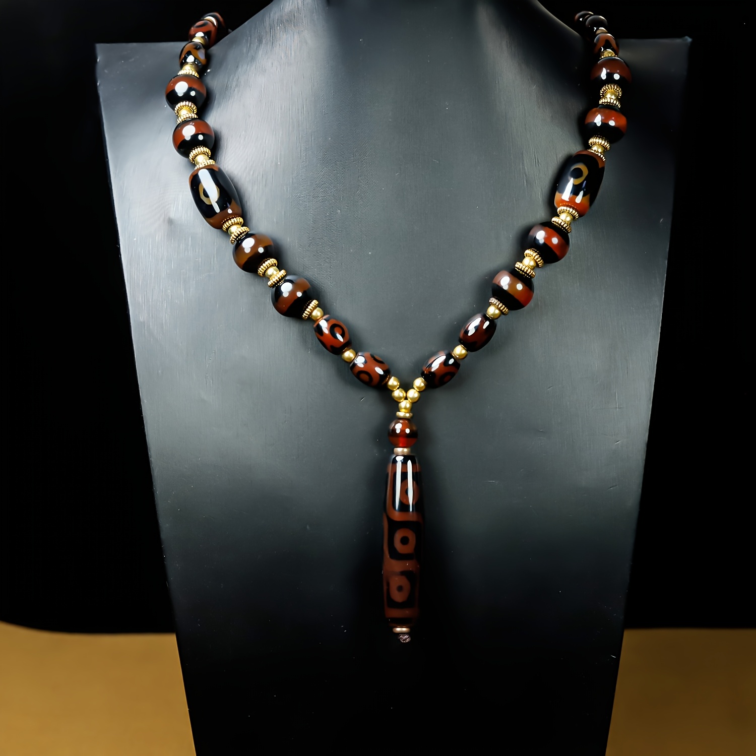 Natural Agate Dzi Bead Necklace in Wine Red