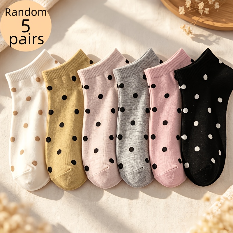 TEMU 5 Pairs Random Color Women's Polka Dot Short Socks Meh Rad Tones Versatile Casual Outdoor Spring Summer