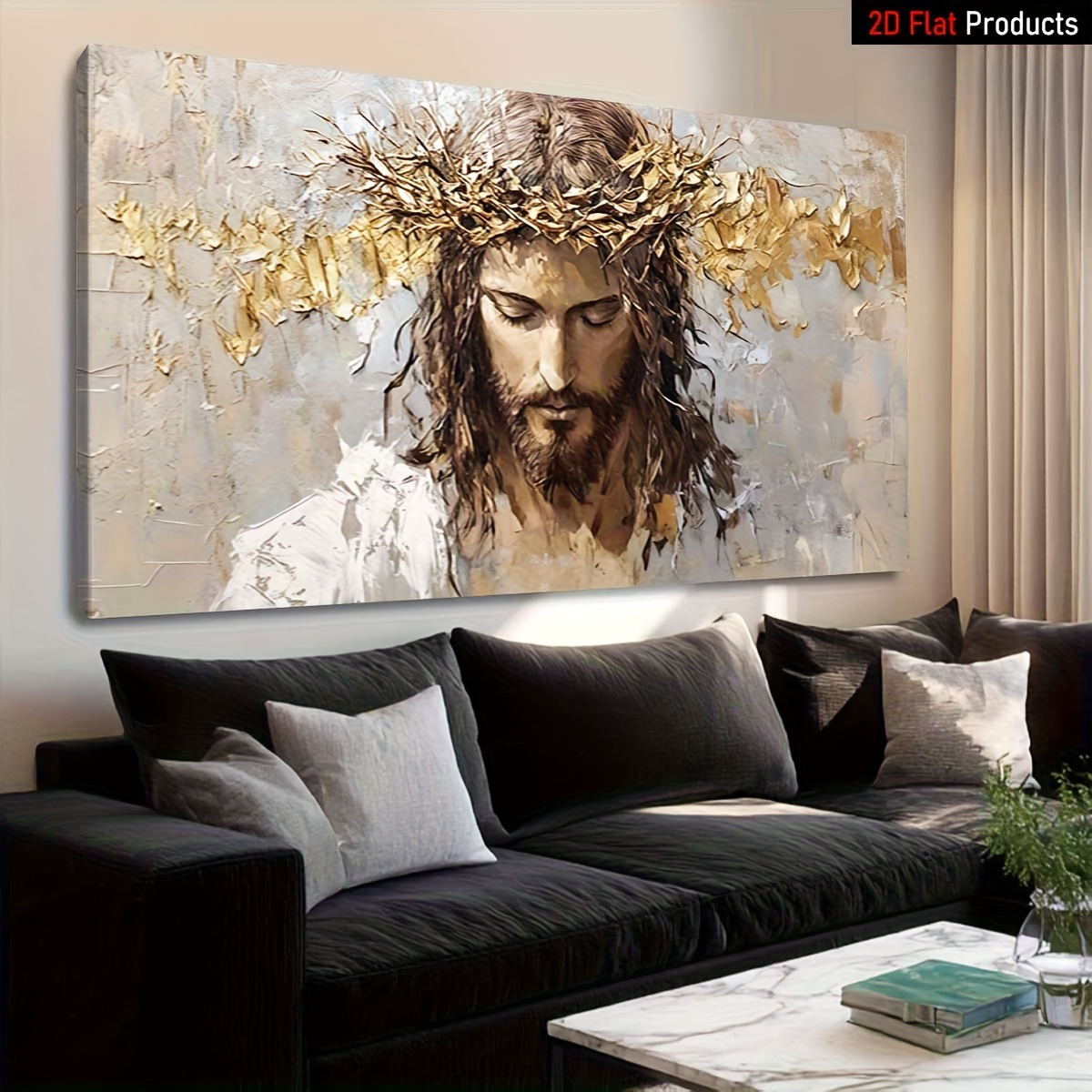 [2D Flat]1pcs large frame canvas painting art print, religious figure with crown of thorns, high quality wall art printed poster can be hung directly, Pine frame for Christmas decoration- Perfect Gift for Art Lovers & Home Decor Enthusiasts, 2D Flat
