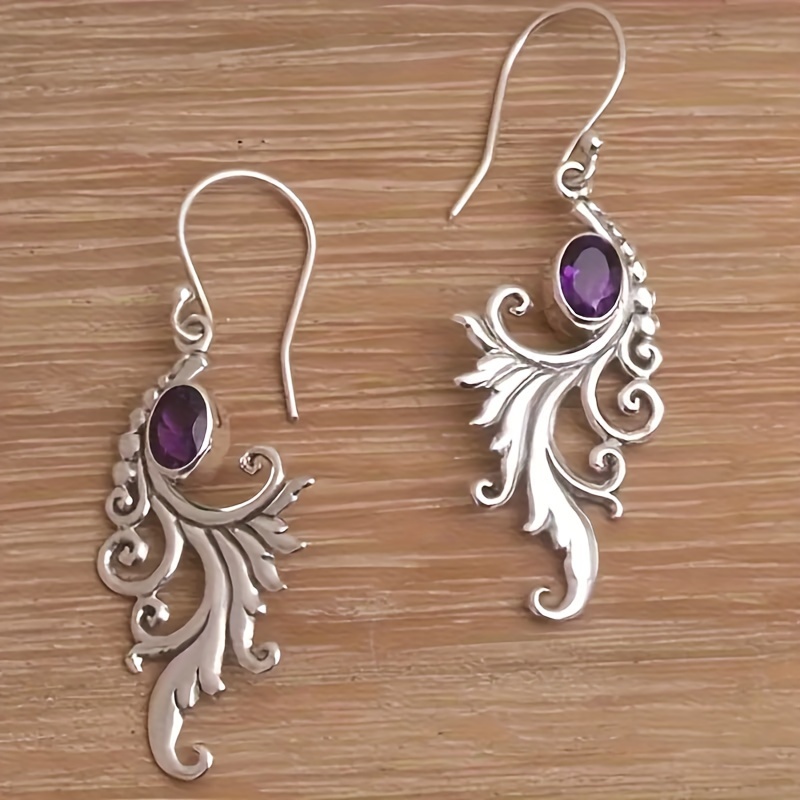 

Sterling Silver Vintage Elegant Earrings With Amethyst, Antique Style Floral Pattern Dangle Ear Hooks For Women