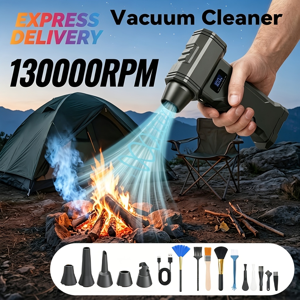 Image of Multifunctional Handheld Cordless Vacuum Dust Blower, 130000rpm Vacuum Cleaner, 4-gear And Battery Display, Built-in Led Light, Equipped With Multiple Nozzles, Ideal For Car , Camping, Car Interior