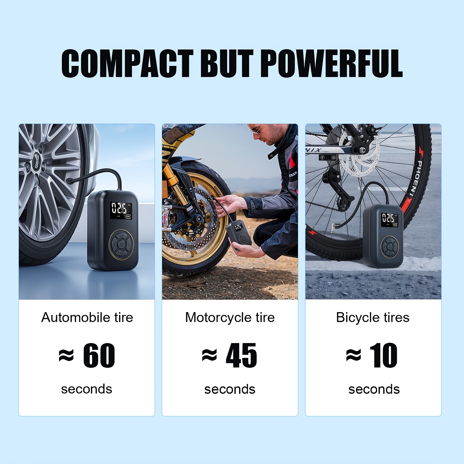 Gonfleur de pneu de moto sans fil 120 Watt avec affichage numérique, compact et doté d'une lumière LED et de buse de gonflage – Image 9