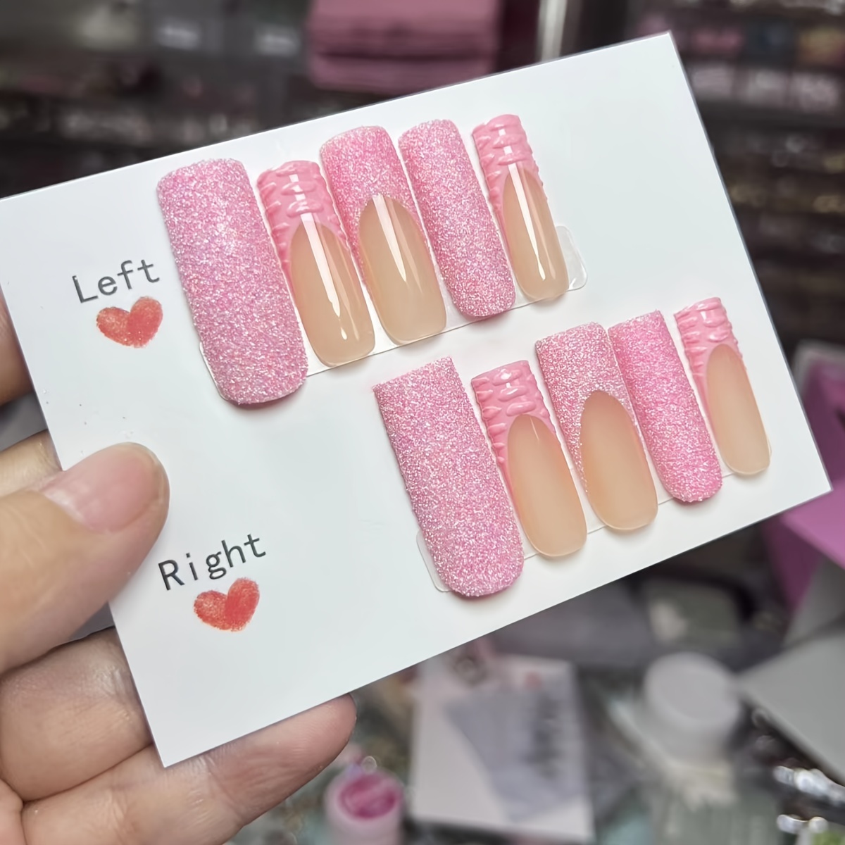 TEMU Hot Girls Look Here! Pink Glitter Crocodile Pattern -on Nails, Long Square Nails, Salon Handmade Nail Art, Removable And Reusable False Nails