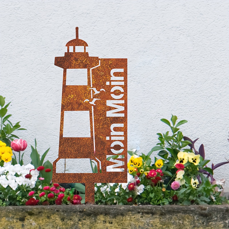 Image of 1pc Rust Lighthouse Garden Stake, Heavy-duty Iron Material Castle With German "moin Moin", Garden Flowerbed, Patio Art, Yard Accent, Unique Thanksgiving Christmas Decoration Gift For