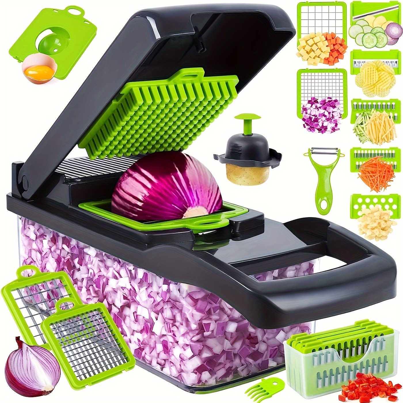 

16-piece Multifunctional Kitchen Chopper Set - Vegetable , Fruit Cutter, Onion Mincer, Potato , Manual Food Grater With Container - , Meal Prep, And Kitchen Organization