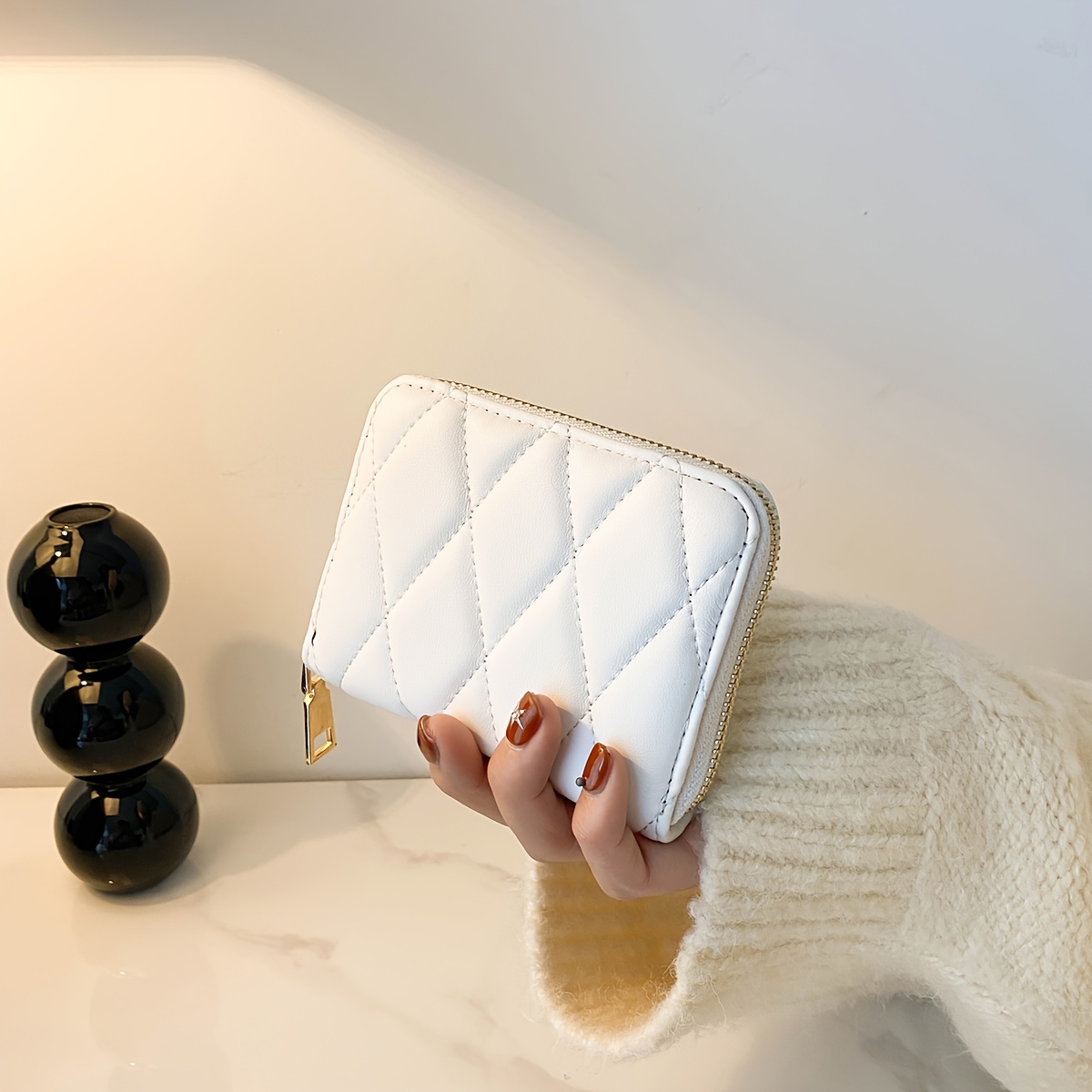 TEMU Diamond Quilted Full Zip Short Women's Wallet, Soft And Delicate Wear-resistant Pu Material, Light Luxury Golden Metal Zipper Head, Multi-card