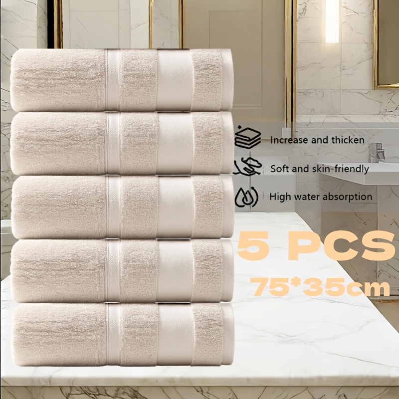 Image of 5pcs Pure New Thickened Towels, 75 X 35cm/29 X 13.5in, Suitable For Home Couple Bathroom Beach Outdoor Spa Center Hotel Pool Etc., Valentine's Day Thanksgiving Day Day Christmas Gift
