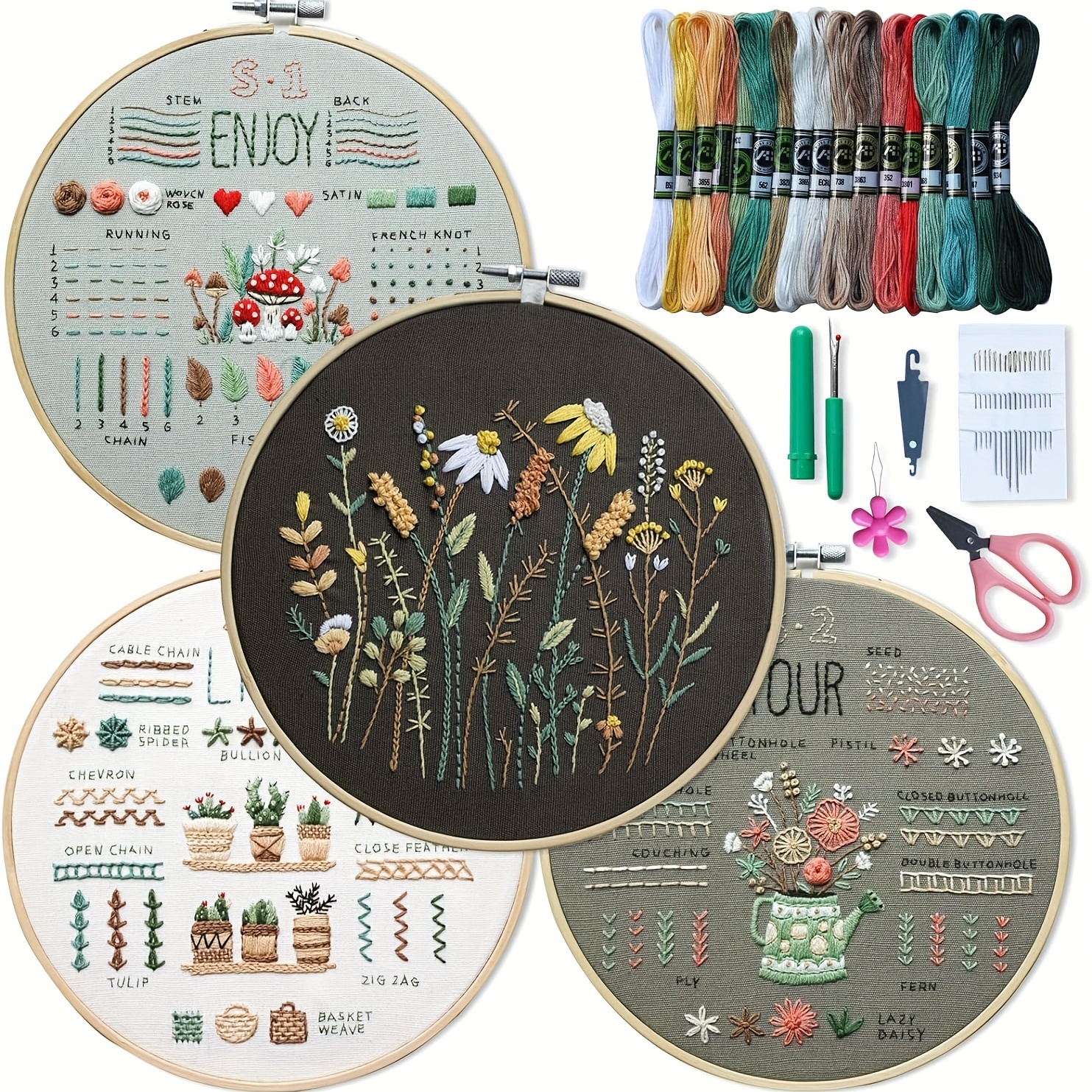 

4 Sets Embroidery Kit For Beginners Plant Kits For Adults Learn 33 Different Stitches