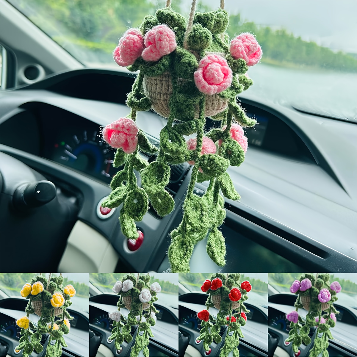 

Handmade Crochet Plant Car Mirror Charm - Accessory For Vehicle Decor