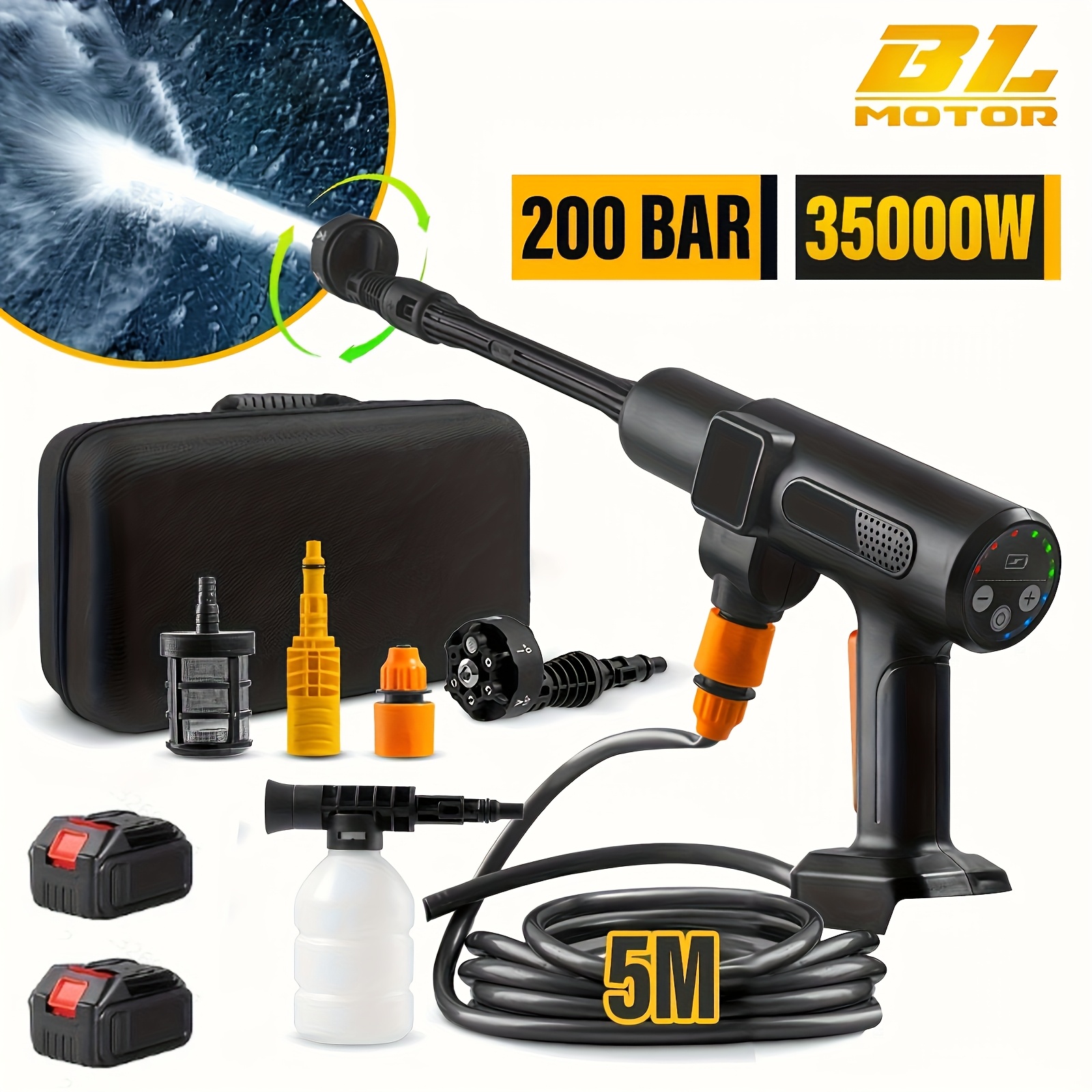 High-Pressure Car Washer with 200Bar, 6-In-1 Electric Car Wash Garden Water Gun,   with 20V Lithium Battery Spray Gun.