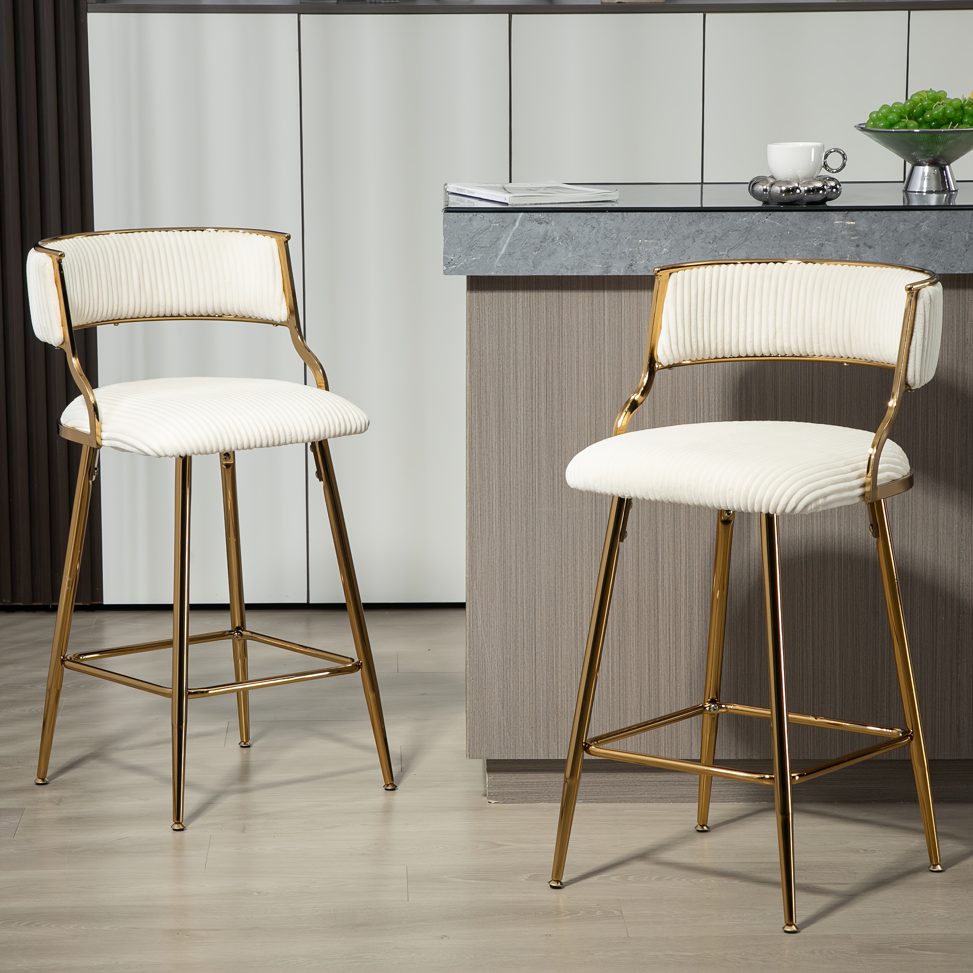 

Set Of 2, 26'' Counter Height Bar Stools Corduroy Kitchen Island Counter Bar Stool With Back, Golden Base And Footrest ()