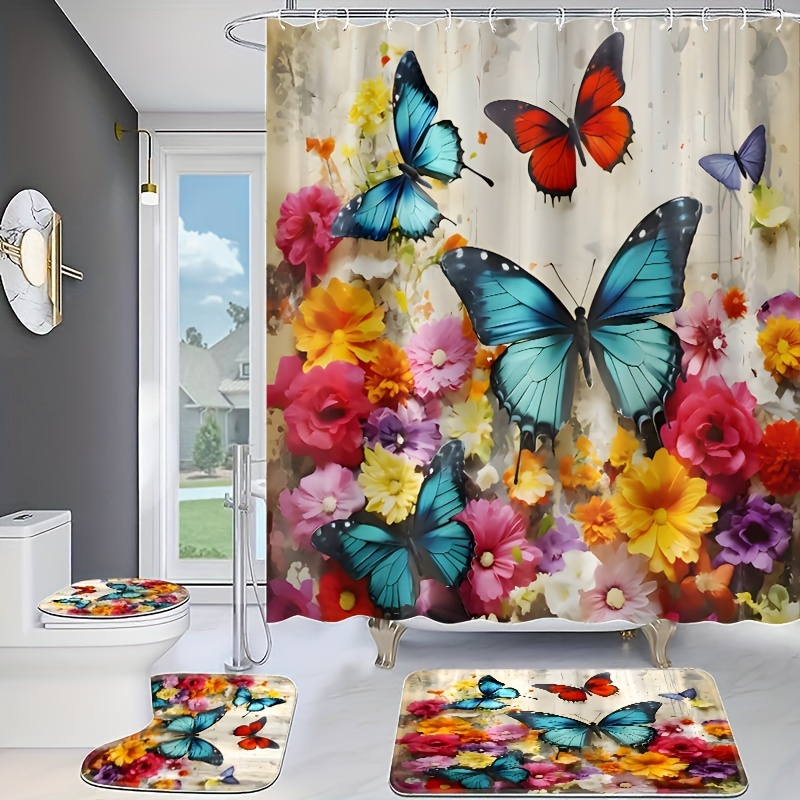 

1/4pcs Colorful Butterfly & Blooming Flowers Shower, Polyester, Decorative Bathroom With Hooks, Vibrant Floral Decor For Home