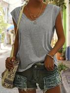solid color short sleeve t shirt set with v neck three pieces