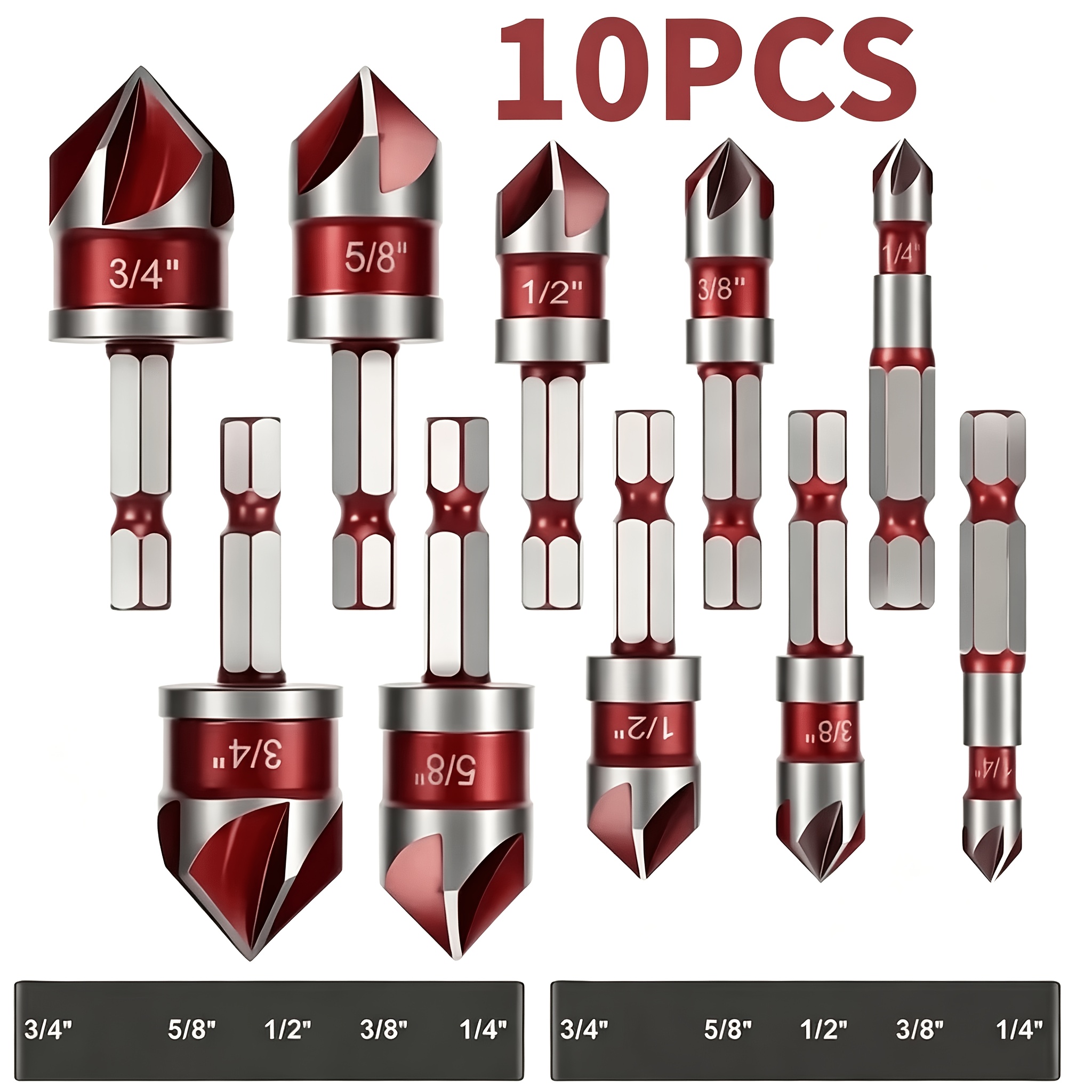 TEMU 10pcs Countersink Drill Bit Set, 82° Five-flute, 1/4" To 3/4" Hex Shank, Suitable For Wood, Metal, And Plastic. -change Chamfering Tool For