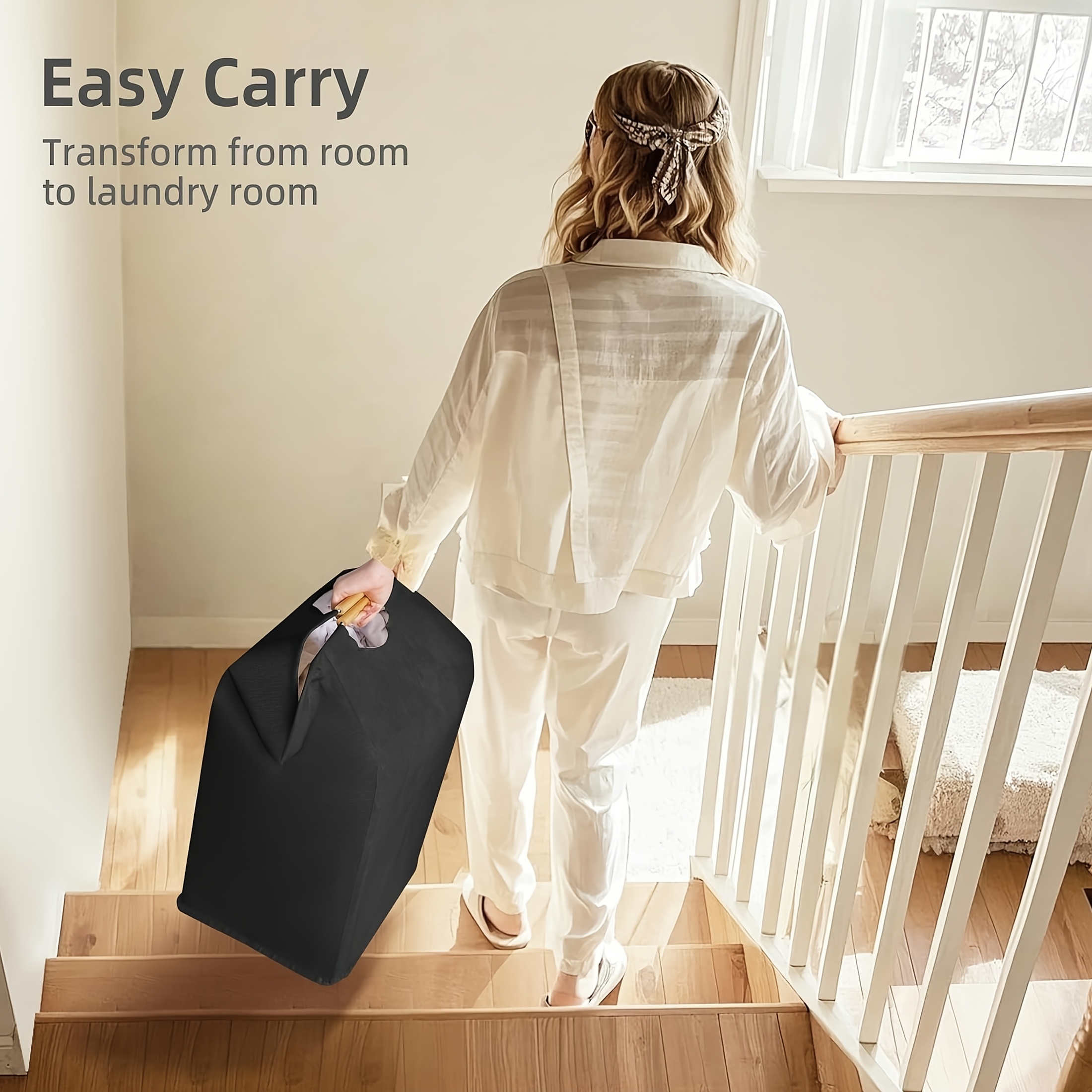 1pc/2pcs 72L Large Capacity Pure Black Laundry Basket, Solid Wood Handle, Black Minimalist Style, Foldable and Portable, Suitable for Storing Clothes, Books, Sundries, Etc., Ideal for Bathroom, Bedroom, Wardrobe, and Utility Room – Multi-Functional