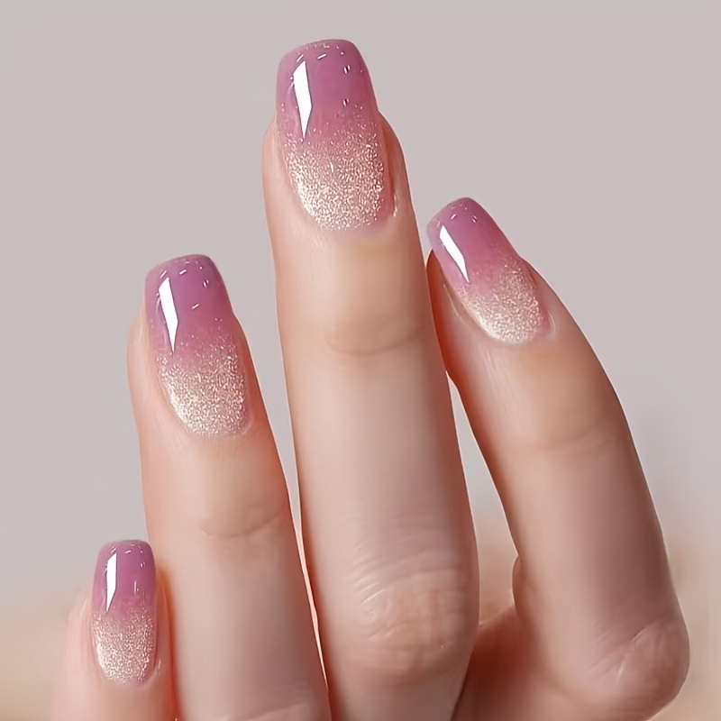 TEMU A Set Of 24 Stylish And Nail Stickers, Featuring A Pink Cat-eye Shimmering Powder Gradient. Glossy Press-on Nails Are Designed For Easy