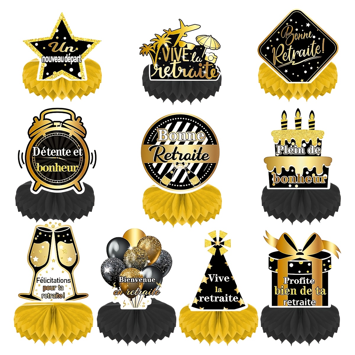 TEMU Centres de table de fête 10pcs Premium Noir et Doré Pailleté Retraite Centres de table Retraite Décor de table de fête avec Champagne, Gâteau,