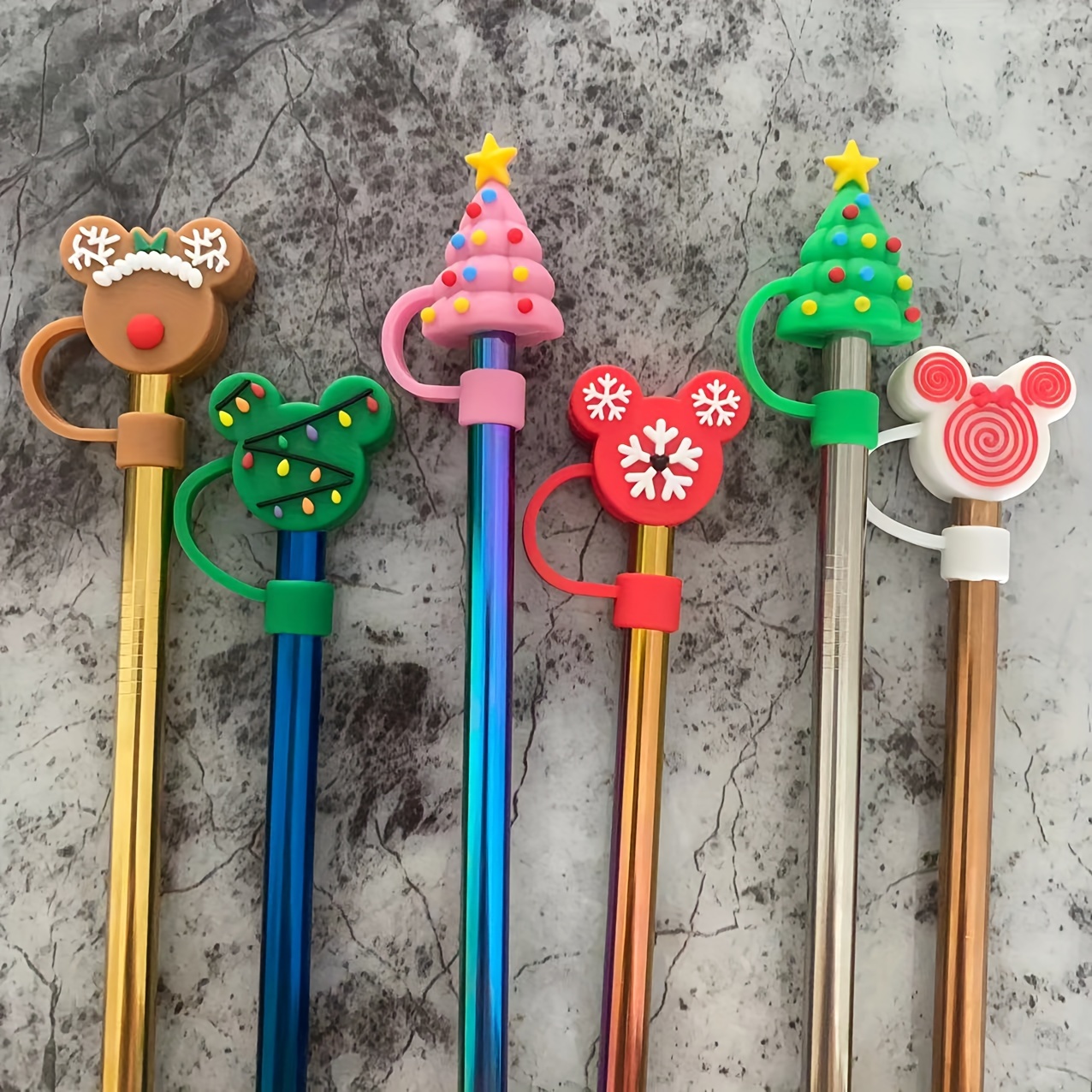 

6pcs Cute Christmas Silicone Straw Covers - Reusable, Dustproof Soft Plugs For 6-8mm Straws, Accessory