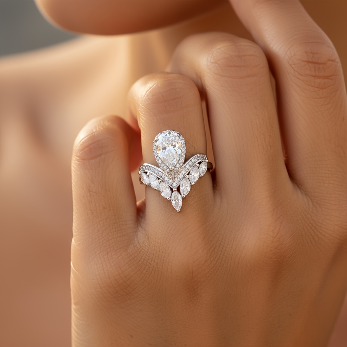 Women's Luxury Pear-Shaped Crown Ring, Plated Wedding Gift
