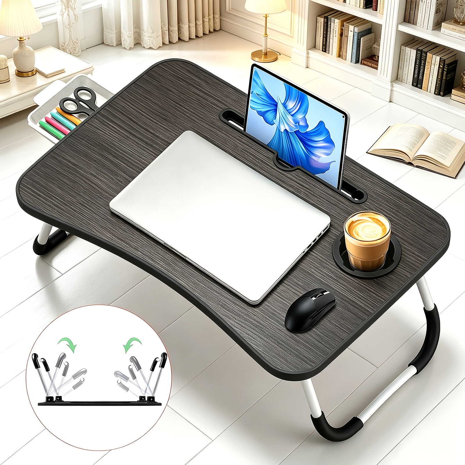 Image of Laptop Desk, Laptop Folding Table, Tablet/phone Stand, Cup Slot, Optional With/without Drawers, Suitable For Bed/sofa/floor (60 X 40cm, Black)