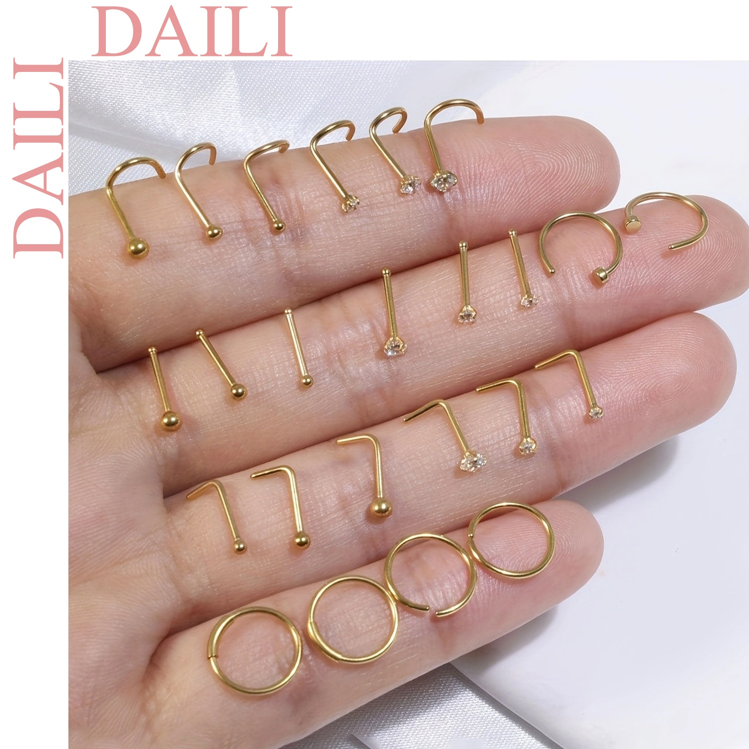 TEMU 24pcs 316l Stainless Steel Nose Rings Hoop L Shaped Nose Studs Nose Ring Screw Bone Nose Studs For Women Men Body Piercing Jewelry