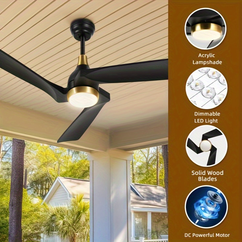 

Quoyad 52 Inch Black Gold Ceiling Fan With Lights Remote Control, Dimmable 3- Color Led Ceiling Fan, Solid Wood Blades Modern Ceiling Fan For Indoor Outdoor With Reversible Quiet Motor