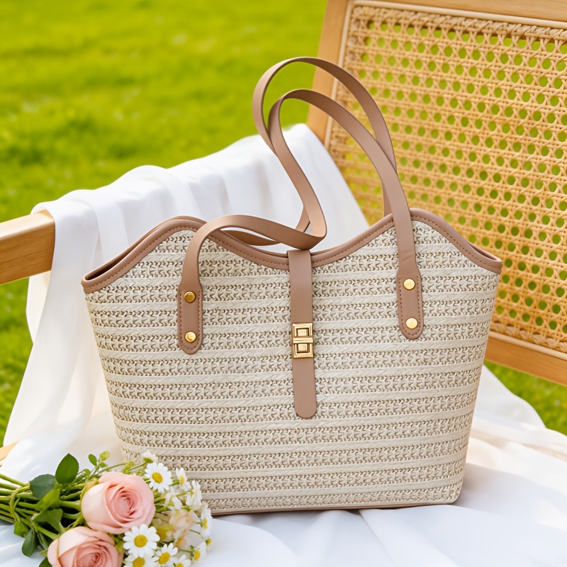 TEMU [] New Solid Color Fashionable Straw Woven Design Women's Shoulder Bag, Versatile Large Capacity Easy Casual Pastoral Style Women's Tote Bag,