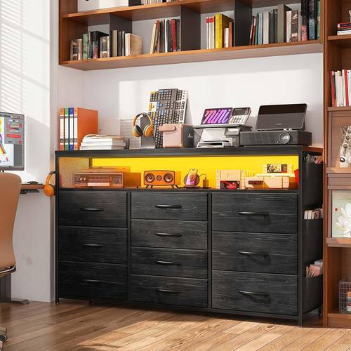dresser tv stand with 10 drawers for 55 tv stand for bedroom with led lights power outlets wide dresser for bedroom with shelves side pockets sturdy metal frame wood top storage drawer units