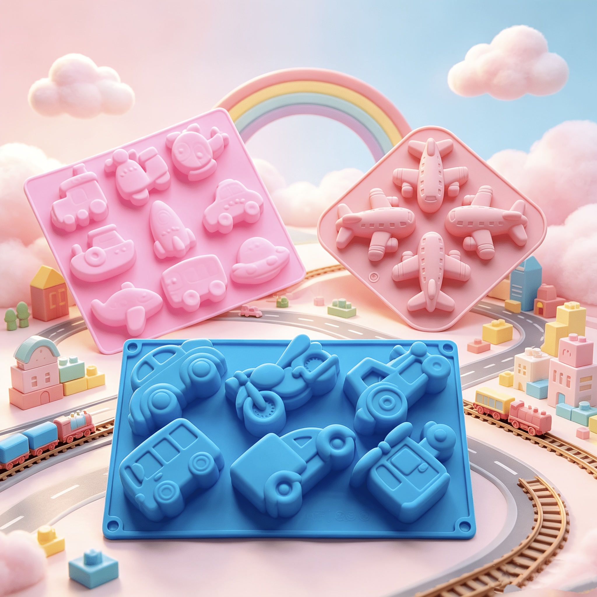 TEMU 3pcs -scale Suitable For Christmas/halloween/ Vehicle Mold - 19-cavity Silicone Mold Set With Train/ship/truck/motorcycle/airplane Cavity Frames