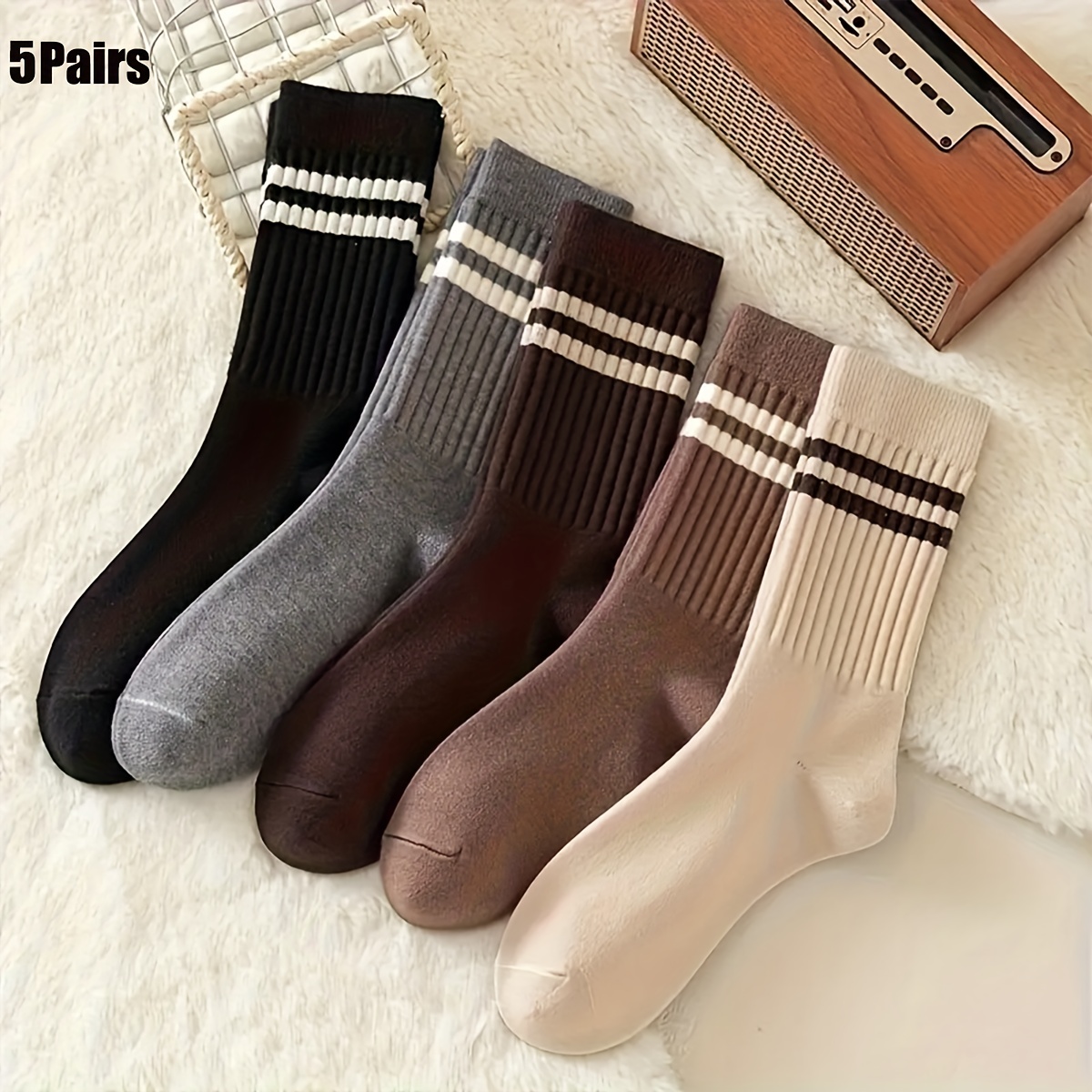 E-shop 5-Pack Braune Zwei-Streifen Wadenhohe Socken, Herbst/Winter Modetrend Vielseitige Damensocken