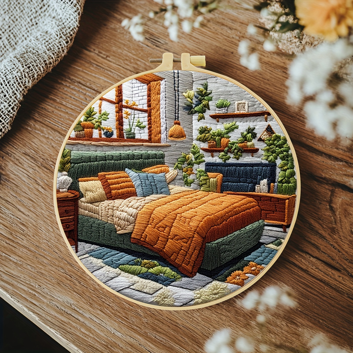 TEMU 1pc Embroidery Kit, 20x20cm/7.9x7.9 Inches, Cozy Bedroom, Handmade Embroidery Kit, Suitable For Adult Beginners, Includes Embroidery Fabric,