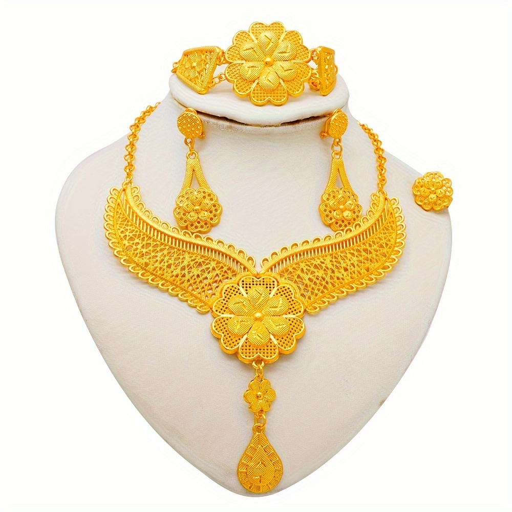 traditional bridal jewelry set 1 pair hollow tassel dangle earrings 1pc pendant hollow necklace 1pc waterdrop ring and 1pc bangle bracelet set copper clothing and wedding accessories details 8