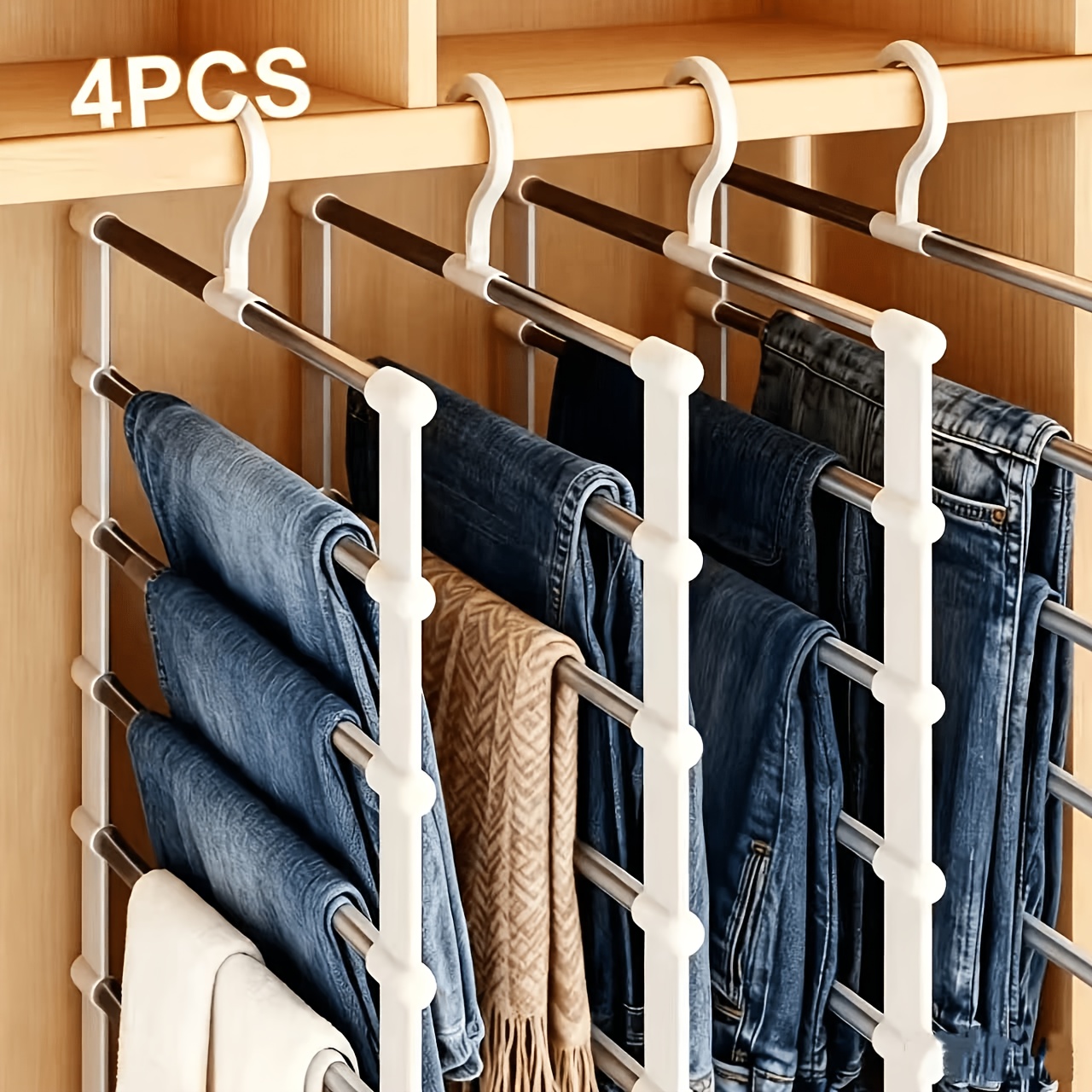 TEMU 4-pack 7-bar Stainless Steel Pants Hangers, Multi-functional Swingable Rod Closet Storage Organizer For Pants, Jeans, Scarves & Trousers