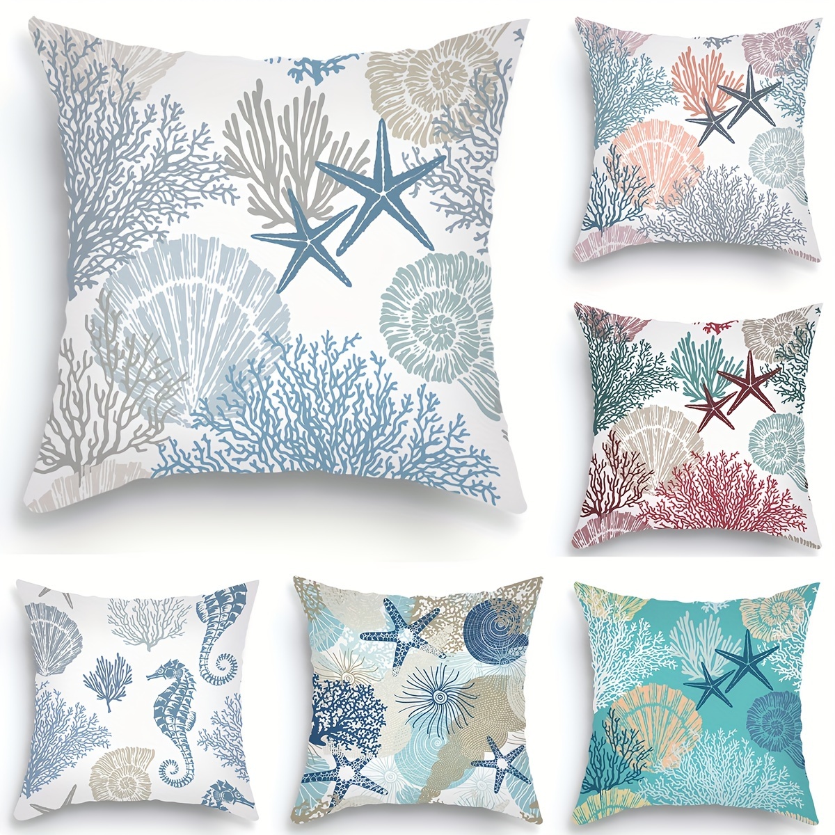 

1pc Oceanic Marine Life Print Decorative Pillowcase, Contemporary Style Starfish Coral Seashell Cushion Cover, 18"x18" Home Decor Sofa Throw Pillow Case