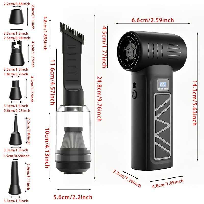TEMU Souffleur d'air fil et pistolet à air 2-en-1, balais, à couple , multi-vitesses, avec charge rapide Type-C, souffleur d'air haute puissance et