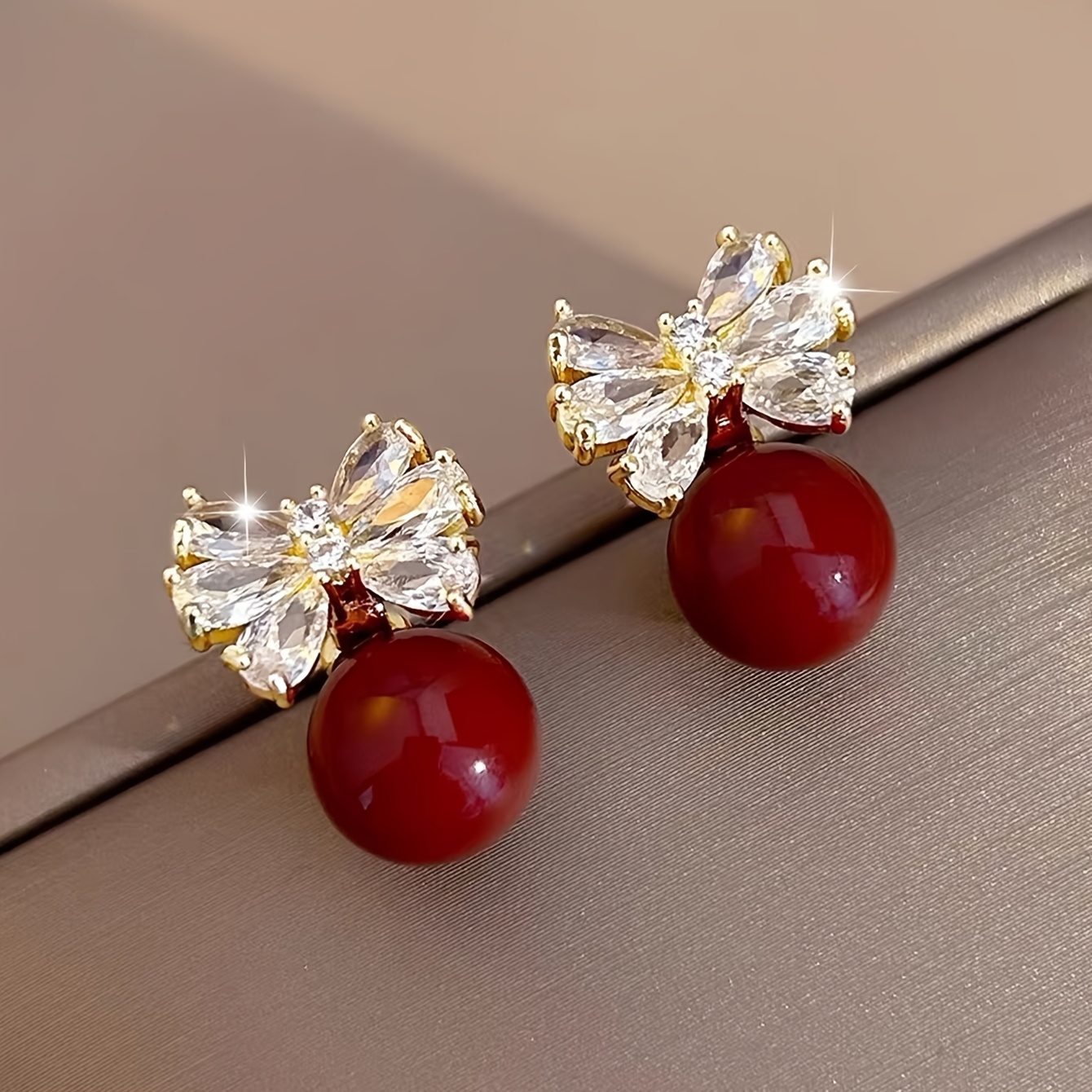 TEMU 1 Pair Of Simple, Gentle, And Elegant Synthetic Zirconia-inlaid Bow Vintage Red Niche Unique Temperament High-end Copper Alloy Stud Earrings,